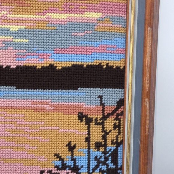 Needlepoint Sunset Cottage Waterfront Landscape Scene Trees Framed Art 26" x 22" - Picture 5 of 11